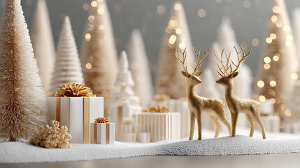 3D Merry Christmas and New Year scene with golden deer standing beside snow-covered trees and wrapped gifts on soft snow drifts, elegant festive glow, isolated on white background