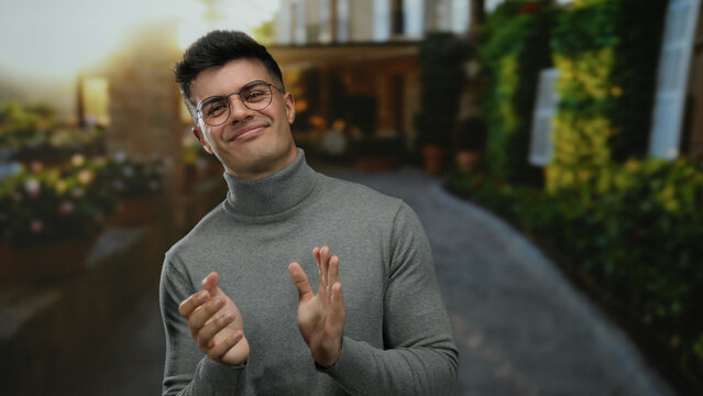 Young hispanic man smiling and clapping on a city street in the evening, wearing glasses and a turtleneck, capturing a moment of joy and warmth in an urban outdoor setting