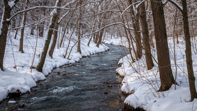 Snow-covered forest with a flowing stream in winter. Nature and cold weather scene. Forest landscape with snow and water. The scene of winter and flowing water.