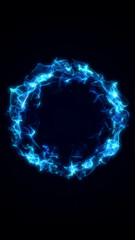 Obraz premium Bright blue energy vortex forming a glowing circular ring of swirling digital flames. Abstract high-energy flow with neon motion details on a deep dark background.