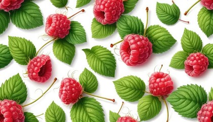 Vibrant seamless pattern of fresh ripe red raspberries and lush green leaves scattered on a clean white background, perfect for summer designs