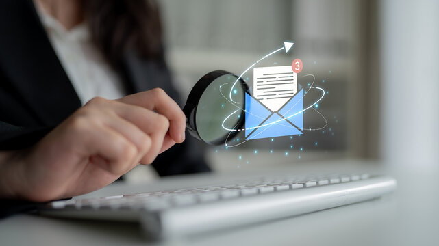 Concept of digital communication and correspondence. Receiving a new message or notification in an email inbox, representing online information exchange and alerts. Fermion