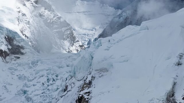 Aerial shot of the upper section of Khumbu Icefall near Everest Camp 1 in Nepal