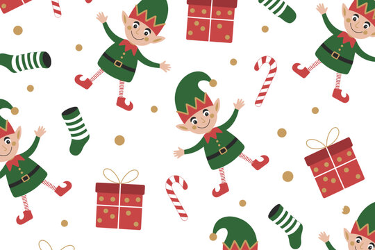 Cute Christmas Elf Seamless Pattern &ndash; Holiday Gifts, Socks, and Candy Canes Design.
