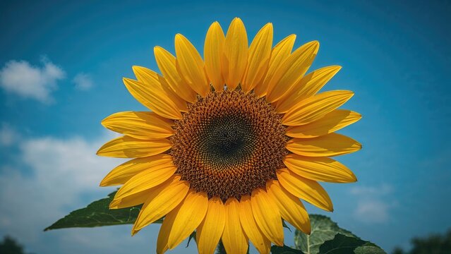 Bright sunflower with vibrant yellow petals against a blue sky background. Nature and floral beauty, blooming flower, natural outdoor scene.