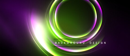 Abstract neon circles, vibrant purple, green hues. Dark background creates dramatic visual effect. Modern design element.