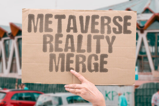 "Metaverse Reality Merge" Virtual worlds integrate into daily life. METAVERSE. REALITY. MERGE. VIRTUAL. DAILY.
