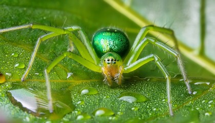 green spider on dewy leaf close up