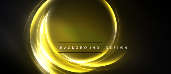 Golden swirls form circular shape over dark backdrop. Text reads background design centered below curves. Simple, elegant visual.