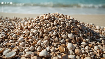 A large pile of seashells on the beach with the ocean in the background.
