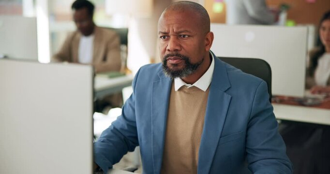 Computer, reading and research of business man in office for review, journalist editor and documents. Publishing agency, coworking and media with person in startup for reporter fact check and writer