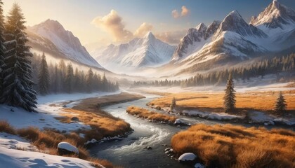 Serene Winter Landscape A River Meanders Through Snow-Capped Mountains and Golden Fields
