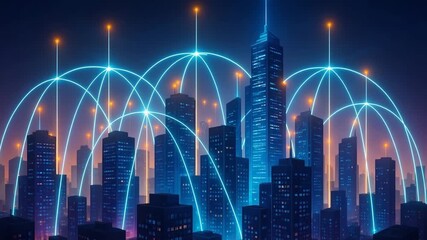 A vibrant cityscape illuminated by neon lights showcases a futuristic network connecting skyscrapers with digital arcs. - Powered by Adobe