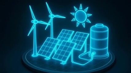 Futuristic representation of renewable energy sources including solar panels, wind turbines, and a battery on a digital platform. - Powered by Adobe