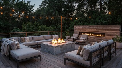 An outdoor patio with lounge seating, string lights, a fire pit, and a fireplace, surrounded by trees, creating a cozy evening setting.