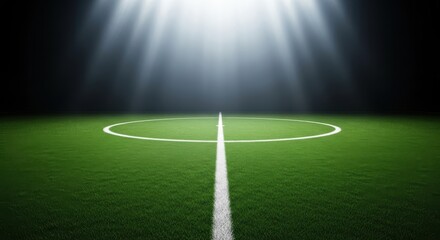 A soccer field with bright stadium lights shining down on the grass and markings, creating a dramatic atmosphere for a game
