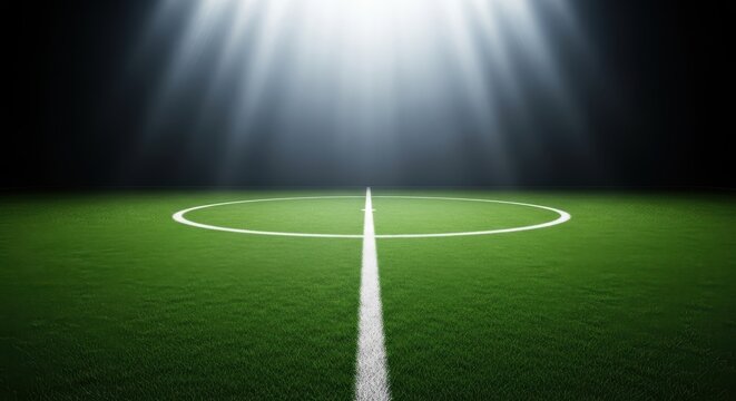 A soccer field with bright stadium lights shining down on the grass and markings, creating a dramatic atmosphere for a game - Powered by Adobe