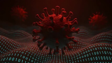 Digital representation of a virus with binary code background, exploring the intersection of health and technology in modern society. - Powered by Adobe