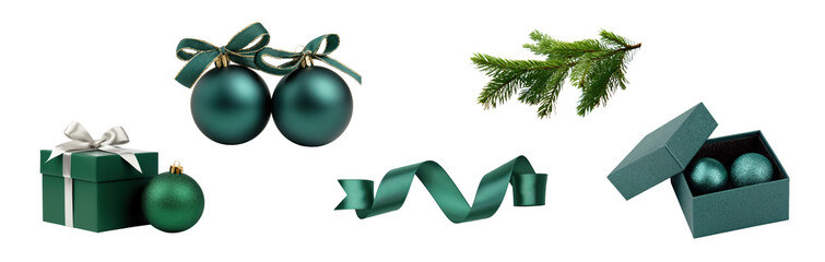 set of christmas ball decoration in dark green with for tree branch, baubles, gift box and ribbon bow isolated on white or transparent png