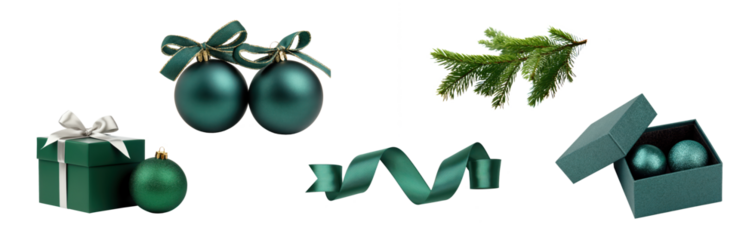 set of christmas ball decoration in dark green with for tree branch, baubles, gift box and ribbon bow isolated on white or transparent png