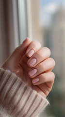 Woman's hand with neatly manicured nails resting by the window  