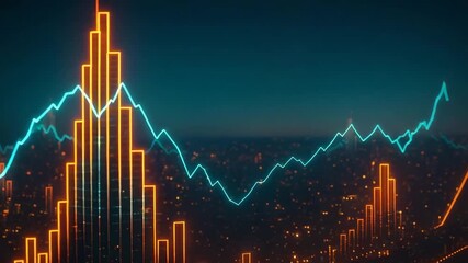 A futuristic skyline with vibrant neon lights and financial graphs illustrating market trends and data analysis. - Powered by Adobe