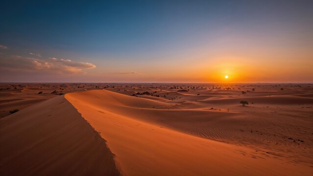 Desert landscape during sunset with sand dunes and a partly cloudy sky. Nature and landscape scenery. The desert environment at dusk. - Powered by Adobe