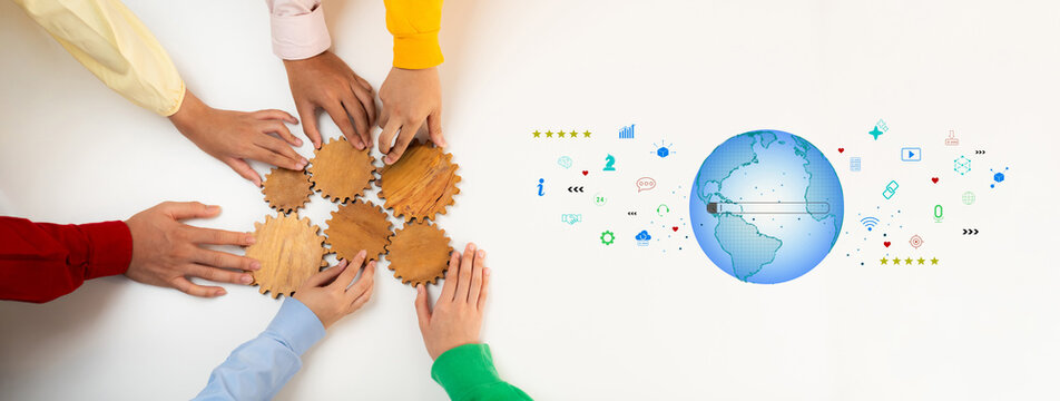 Diverse hands work together to arrange gears, symbolizing teamwork and collaboration. A stylized globe highlights global connectivity and innovation in a modern context. Trope