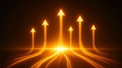 Abstract design featuring orange light arrows pointing upward, symbolizing growth and progress in a vibrant digital environment.