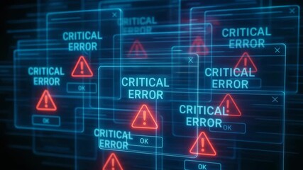 Digital interface displaying multiple critical error alerts in a modern tech environment with vibrant colors.