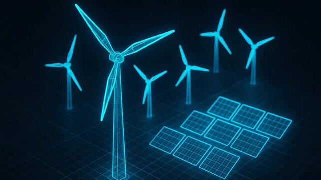 Futuristic energy concept showcasing wind turbines and solar panels in a digital rendering, symbolizing renewable energy innovation. - Powered by Adobe