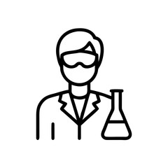 Scientist holding a flask in laboratory with safety glasses, minimalist style, copy space