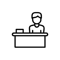 Seller at counter in minimalist style, copy space