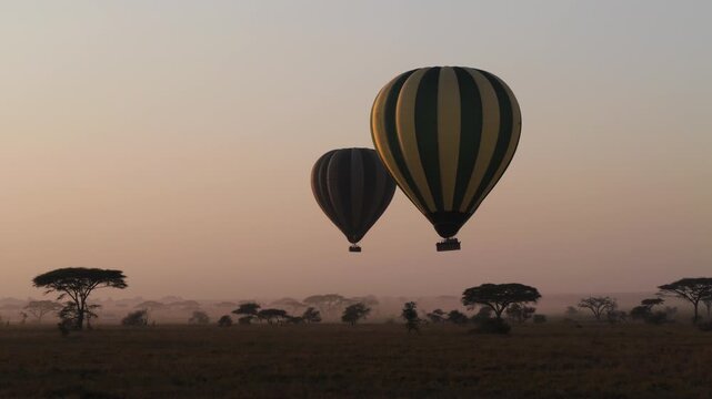 Dawn flight of hot air balloons over Serengeti, Tanzania