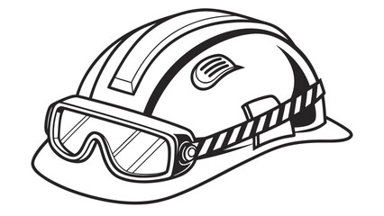 Illustration of a firefighter helmet with goggles and a striped strap in black and white