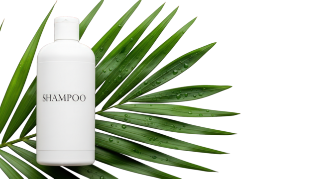 White shampoo bottle with palm leaf for hair care isolated on a transparent background