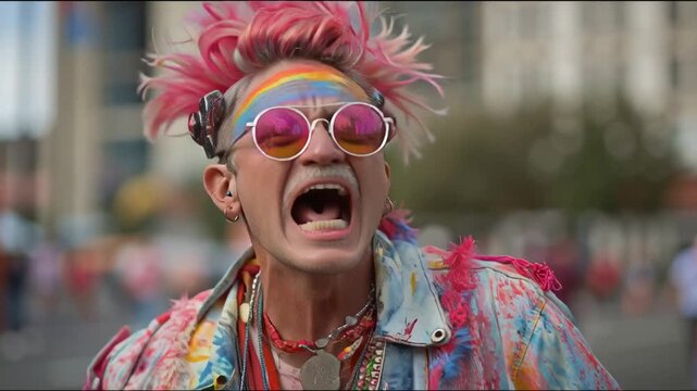Ecstatic man in neon pink hair screaming with rainbow aesthetics.
