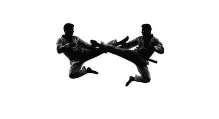 Two martial artists performing aerial kicks arts combat