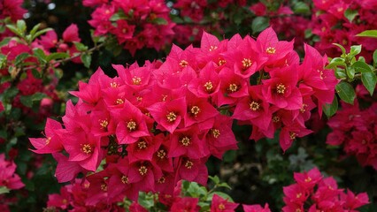Bright pink bougainvillea flowers in bloom with green leaves. Colorful ornamental plant, garden, and nature. Vibrant pink flowering shrub.