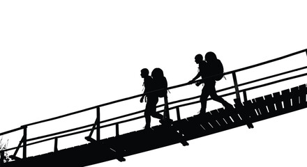 Backpackers crossing wooden bridge people walking