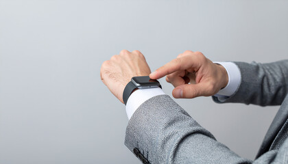 Close-up of a young professional wearing a smartwatch, elegant clean background, clear lighting, minimal style. Focus on wrist, modern technology, subtle reflections, contemporary lifestyle aesthetics