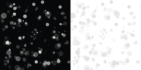 Black and white bokeh overlay with soft circular light spots creating a dreamy atmosphere, ideal for design projects and enhancing visual storytelling with copy space