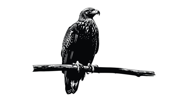 Black bird perched on branch raptor eagle