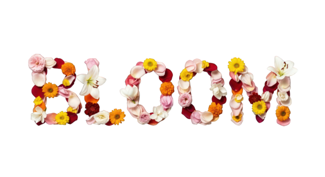 The word "bloom" made of colorful flowers, top view isolated on a transparent background