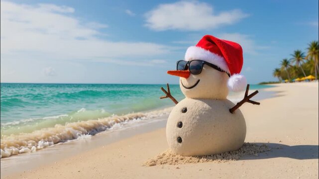 A cheerful sand snowman wearing sunglasses and a Santa hat sits on a sunny tropical beach with turquoise water and palm trees in the background.