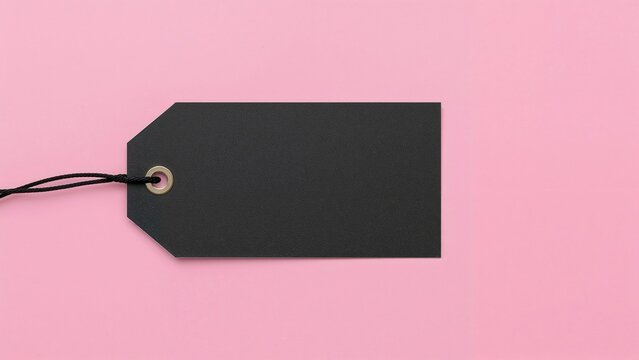 Black tag with string on pink background.