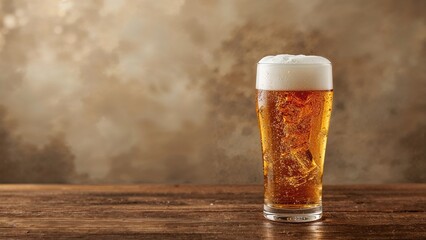 A glass of beer with foam on top placed on a wooden surface.
