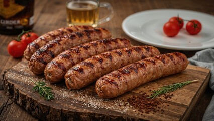 Grilled sausages with tomatoes, herbs, and beer on a rustic wooden table. Meat and vegetables, food presentation. The concept of grilling and savory dishes.