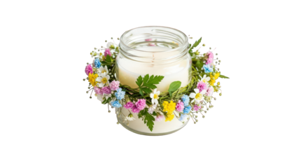 An aromatic candle in a glass jar decorated with colorful flowers isolated on a transparent background