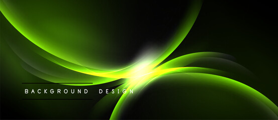 Abstract green waves, bright light center. Modern design, dark background creates dynamic visual effect. Smooth curves, elegant presentation.